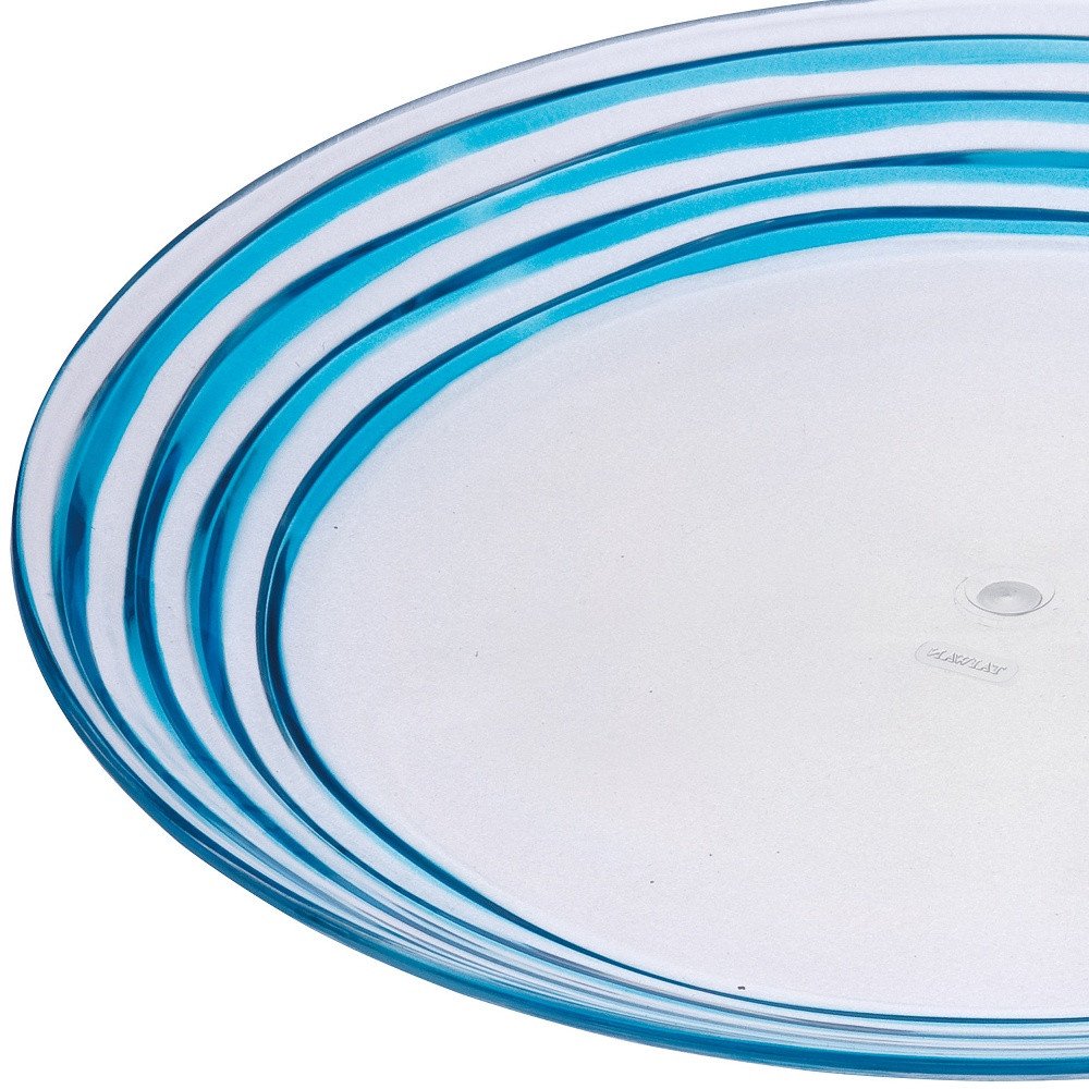 Clear and Blue Four Piece Swirl Acrylic Service For Four Dinner Plate Set on a white background