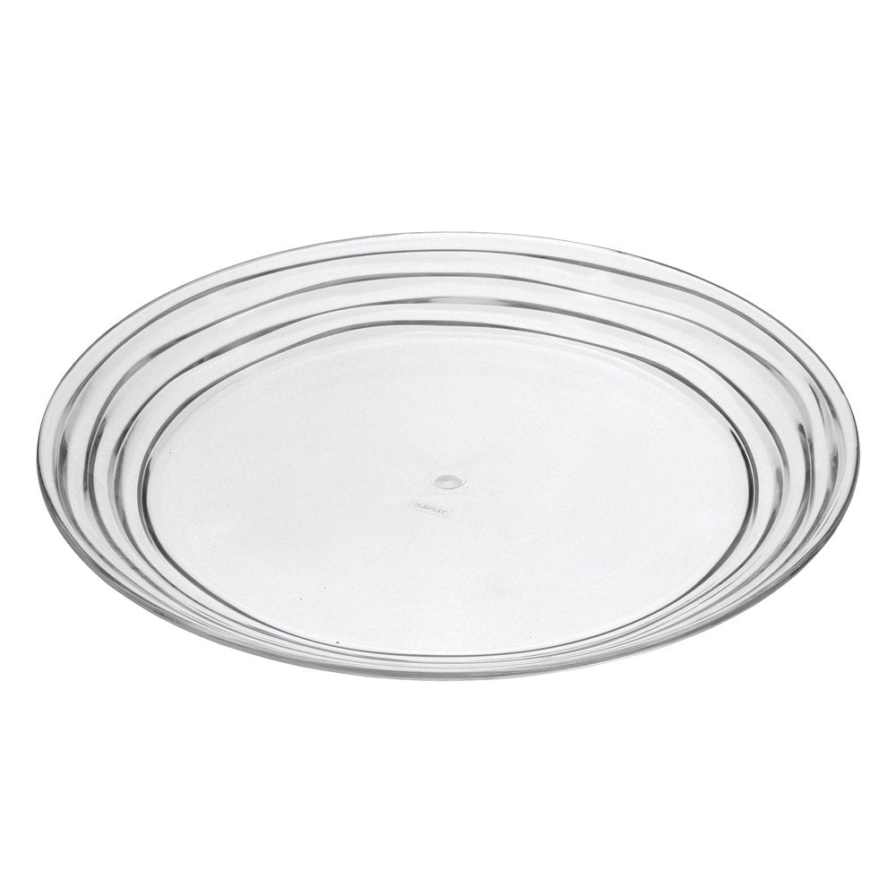 Clear round acrylic service plate with a swirled rim on a white background.