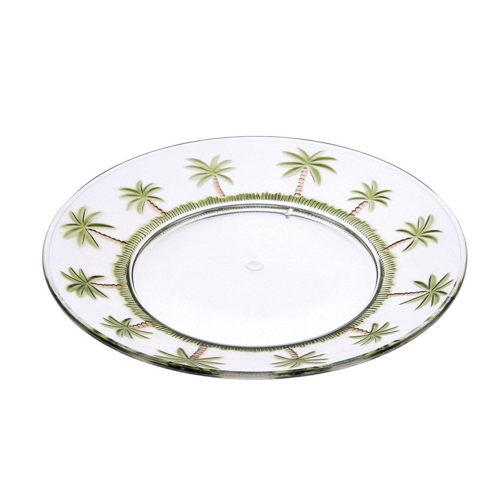 Clear acrylic dinner plates with a green palm tree design around the rim, set against a white background.