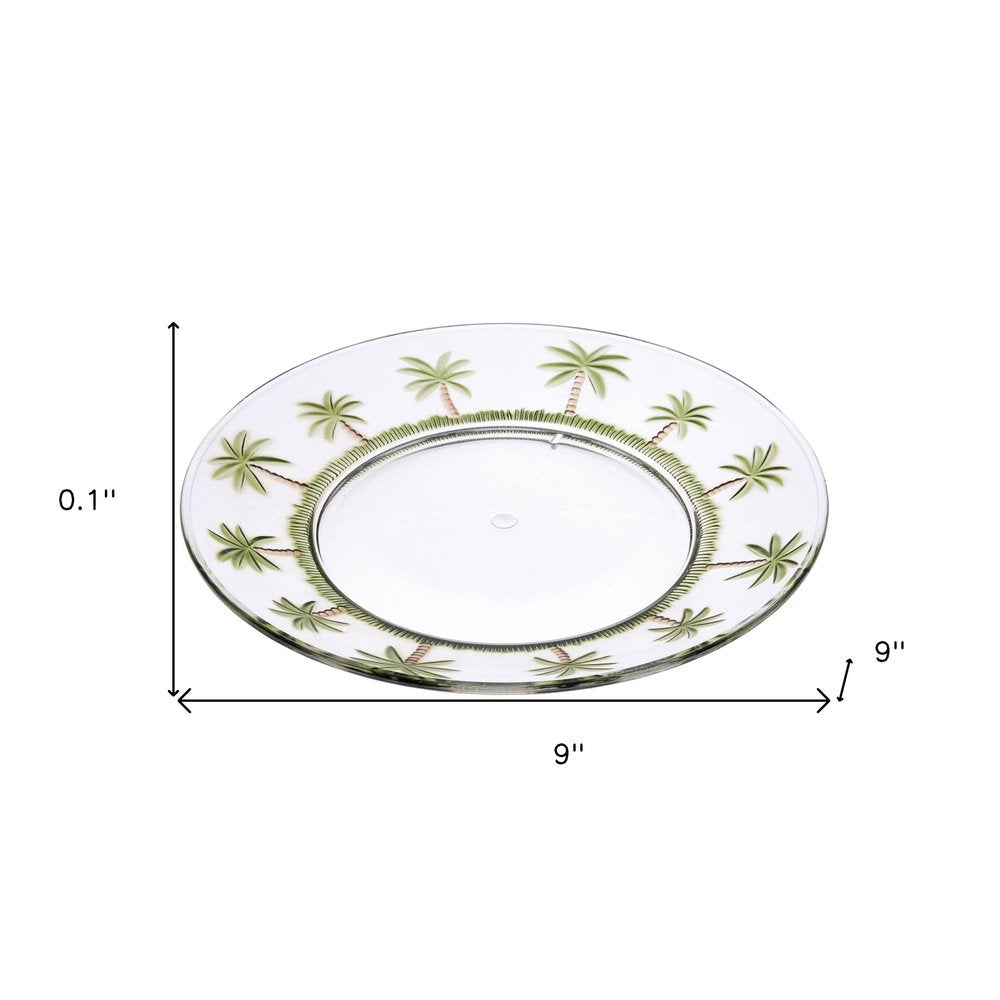 Clear and Green Four Piece Palm Tree Acrylic Service For Four Dinner Plate Set on a white background