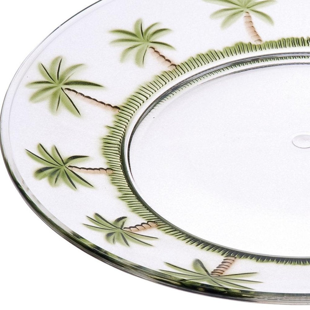 Clear and Green Four Piece Palm Tree Acrylic Service For Four Dinner Plate Set on a white background