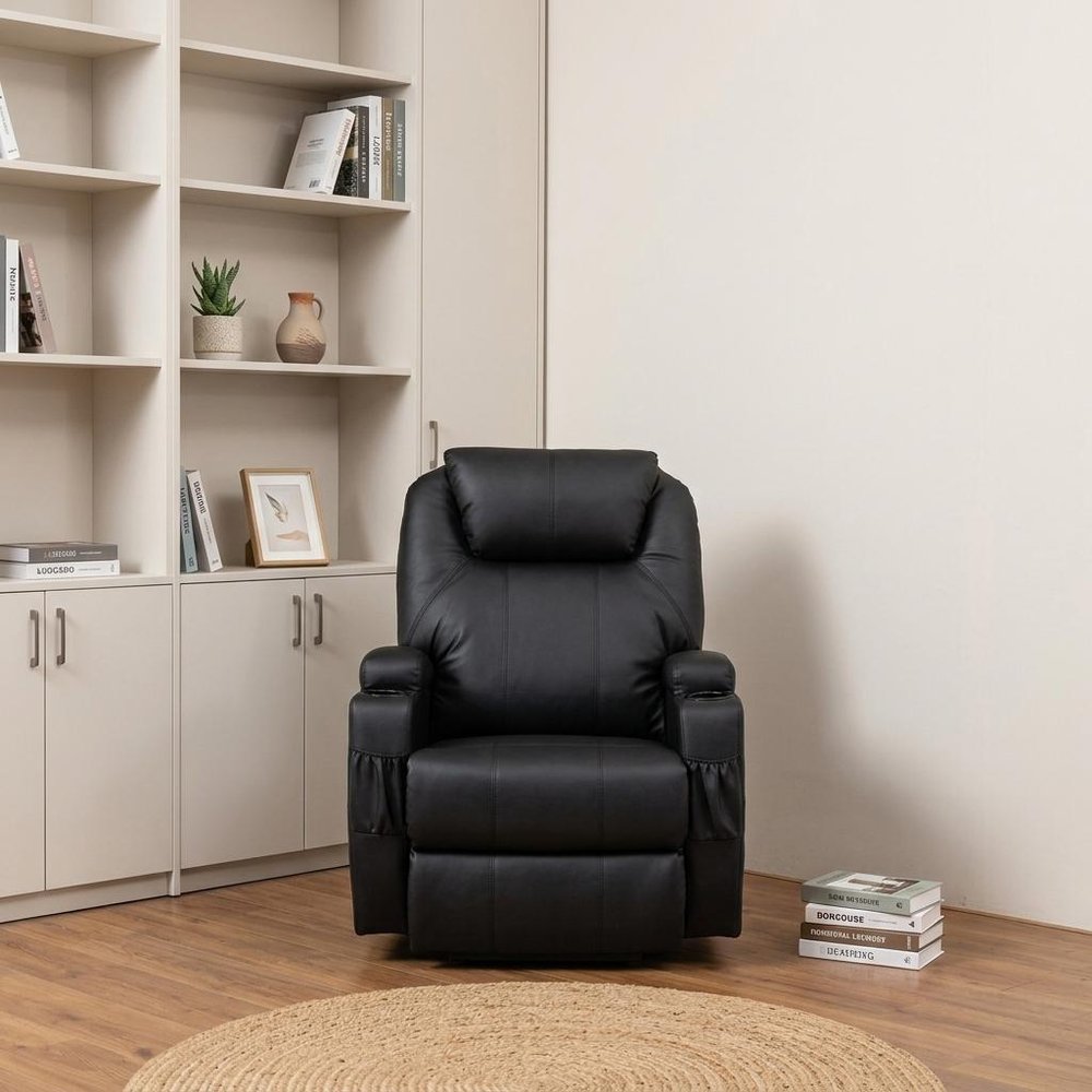 33" Black Power Heated Massage Lift Assist Recliner styled in a furnished interior with an off-white wall on a wood floor.