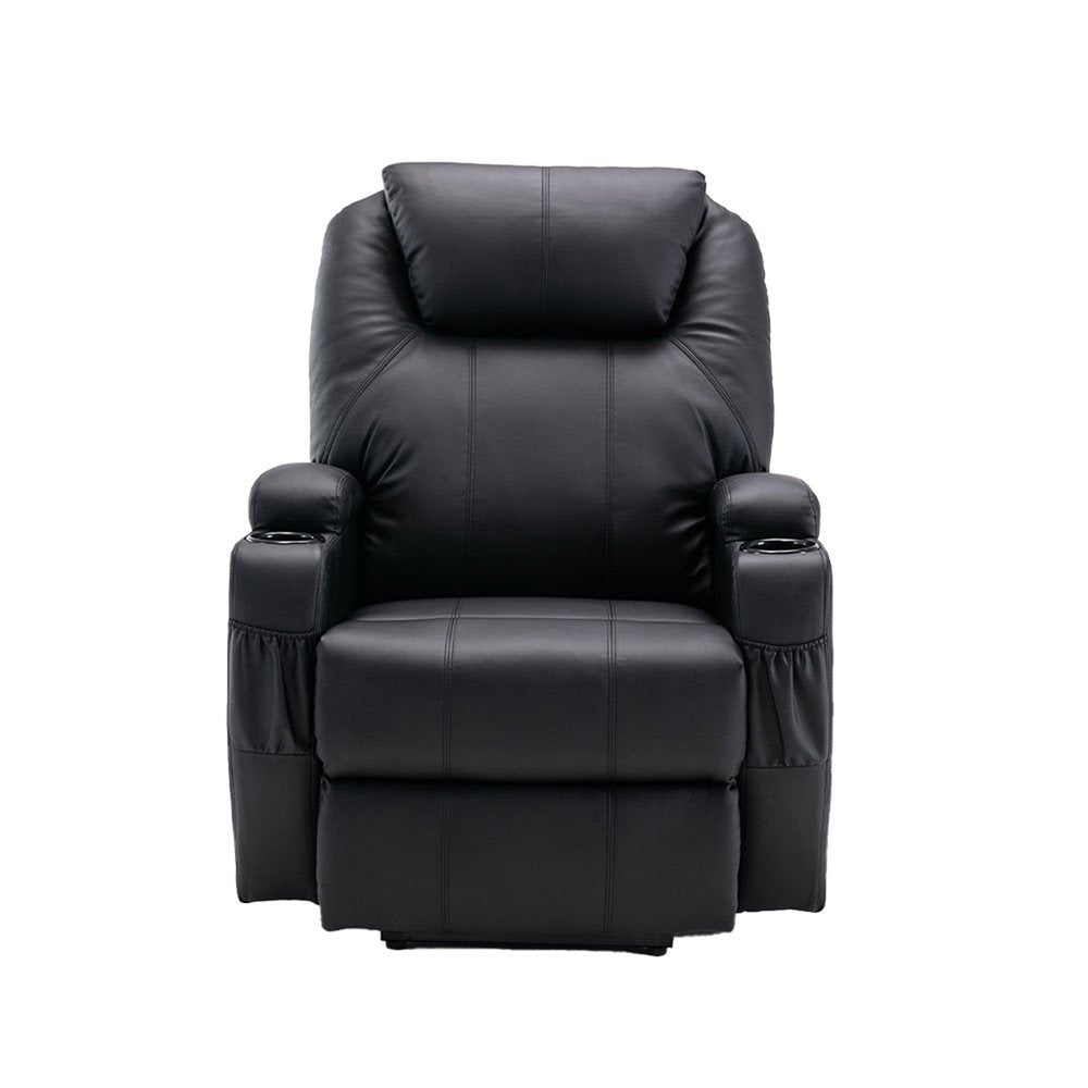 Black leather power recliner with cup holders and side pockets on a white background.