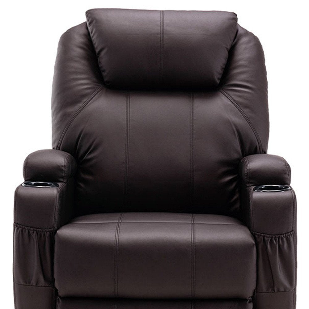 33" Brown Faux Leather Power Heated Massage Lift Assist Recliner. Recliner isolated on a plain white background, showing a faux leather surface.