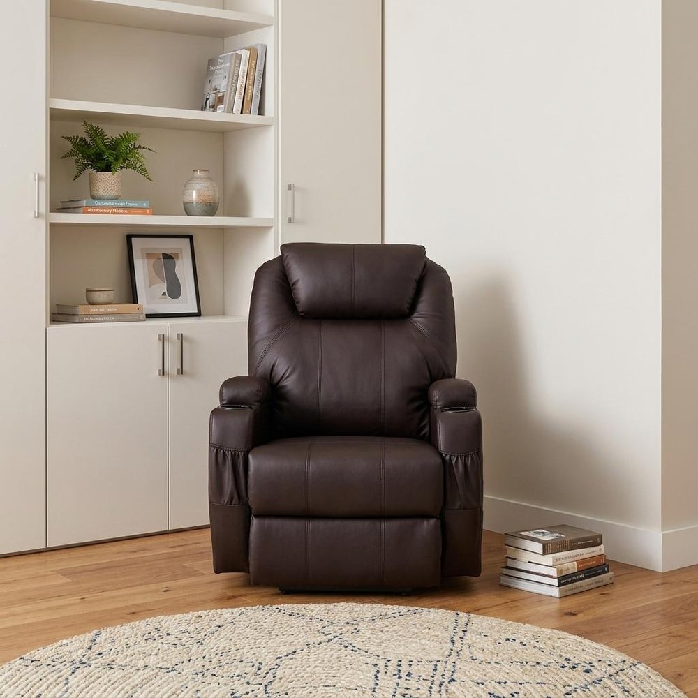 33" Brown Faux Leather Power Heated Massage Lift Assist Recliner