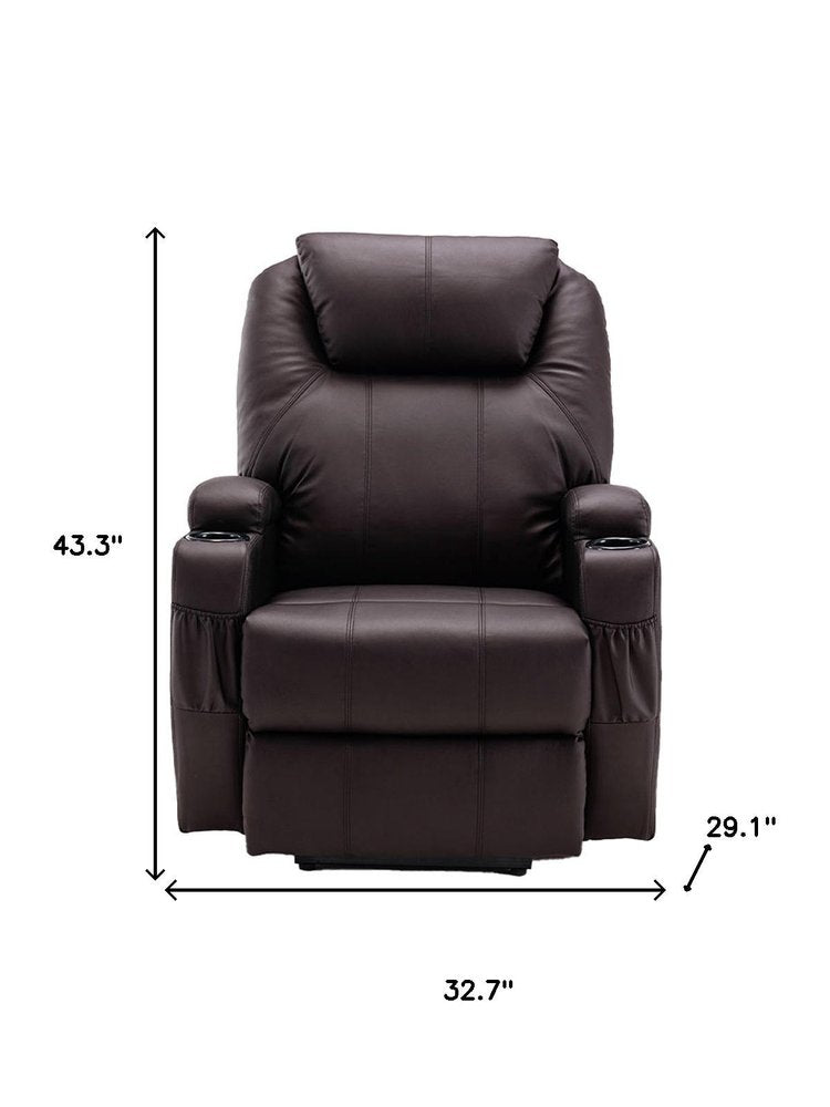 33" Brown Faux Leather Power Heated Massage Lift Assist Recliner. Recliner isolated on a plain white background, showing a faux leather surface.