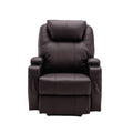 Brown faux leather power recliner with cup holders and side pockets on a white background.