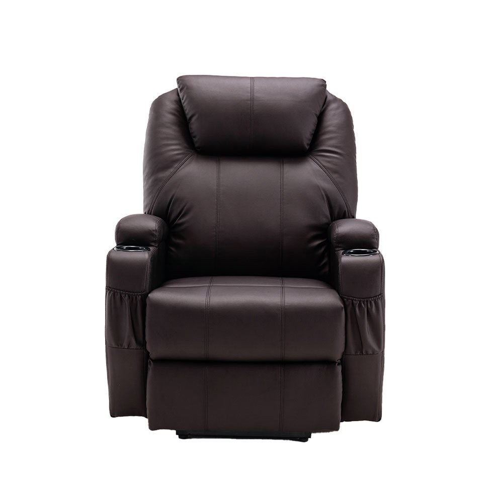 Brown faux leather power recliner with cup holders and side pockets on a white background.
