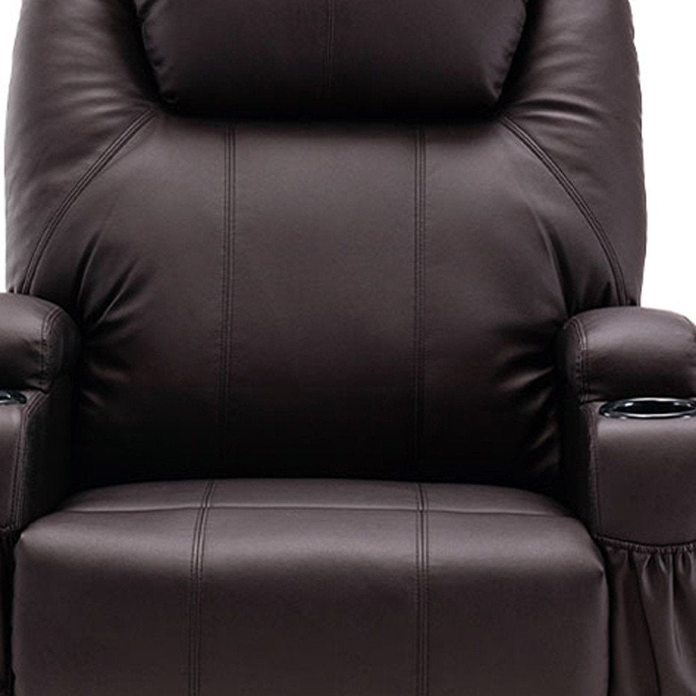 33" Brown Faux Leather Power Heated Massage Lift Assist Recliner close-up highlighting the faux leather surface.