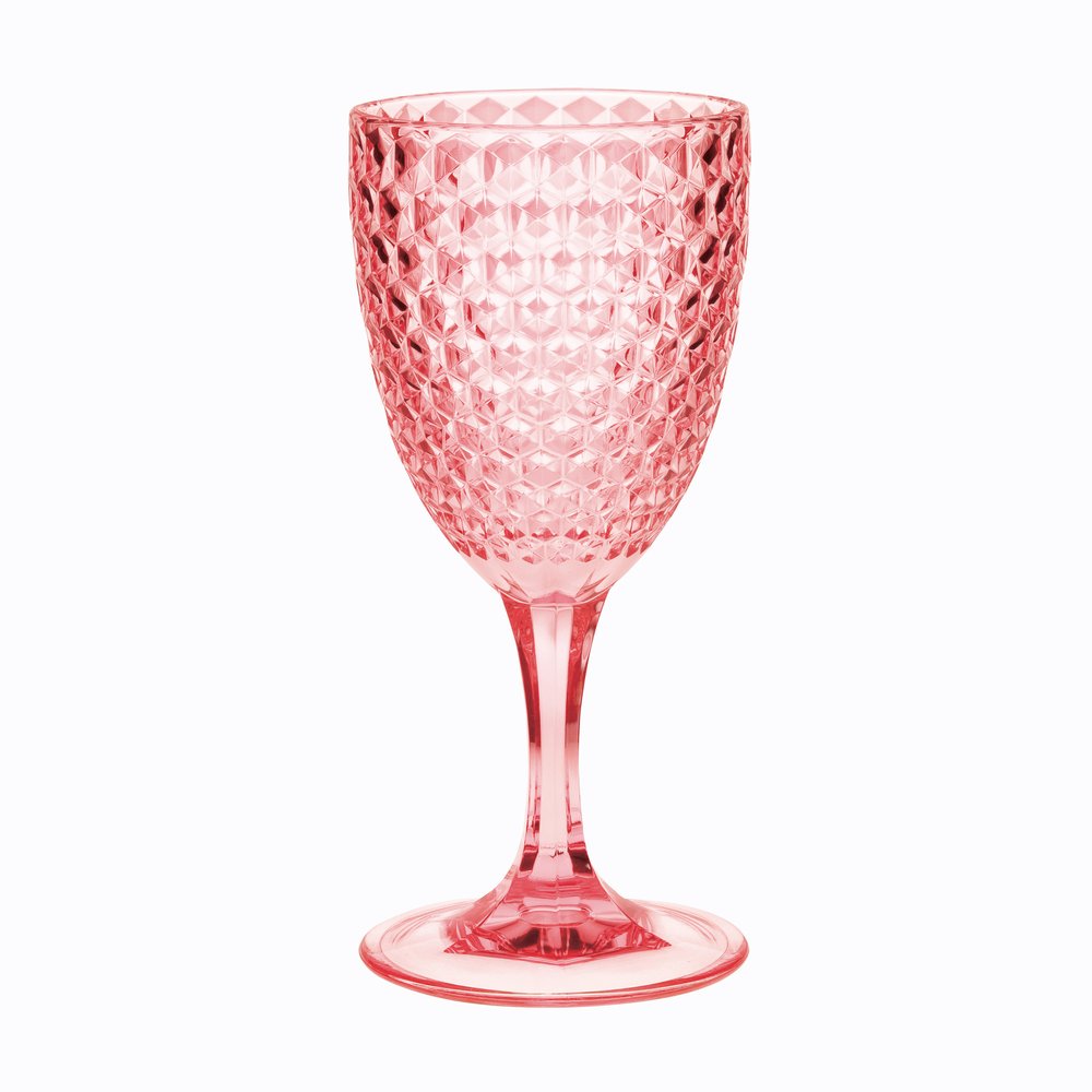 Pink diamond-patterned acrylic stemmed wine glass on a white background.