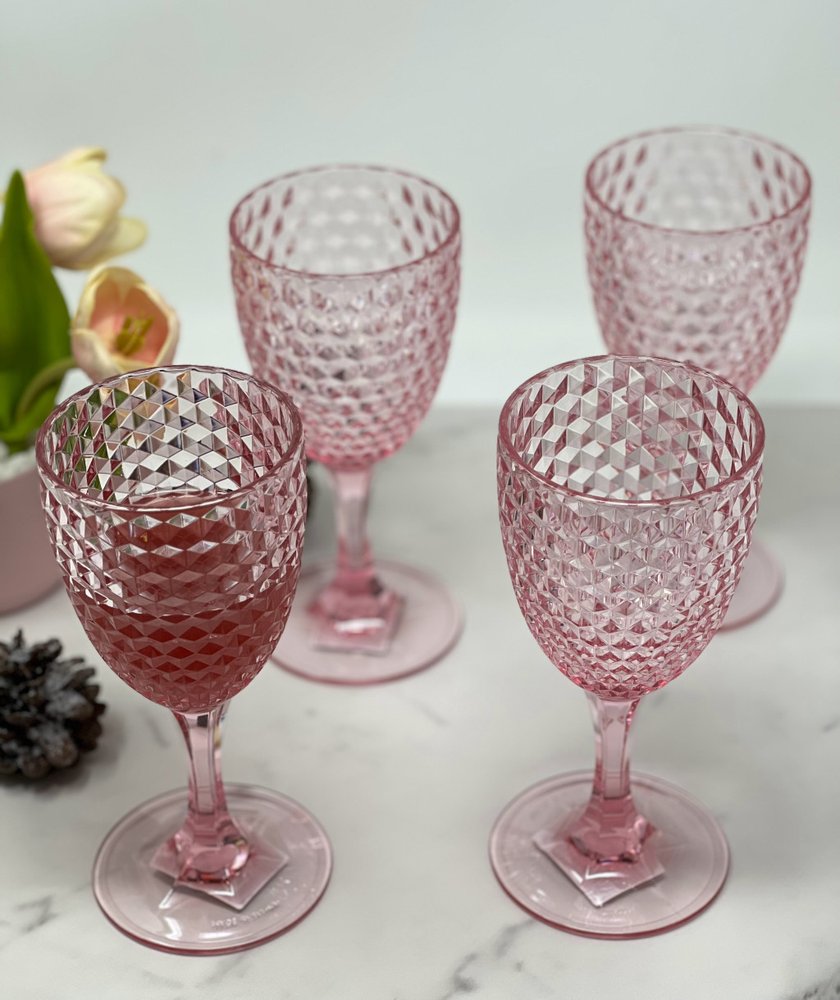 Set of Four Pink Diamond Acrylic Stemmed All Purpose Wine Glass on a white background