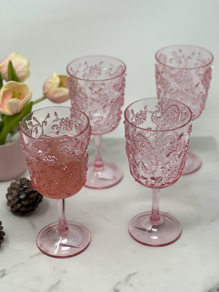 Set of Four Pink Paisley Acrylic Stemmed All Purpose Wine Glass on a white background