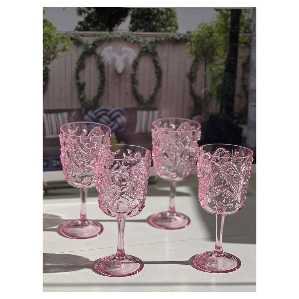 Set of Four Pink Paisley Acrylic Stemmed All Purpose Wine Glass on a white background