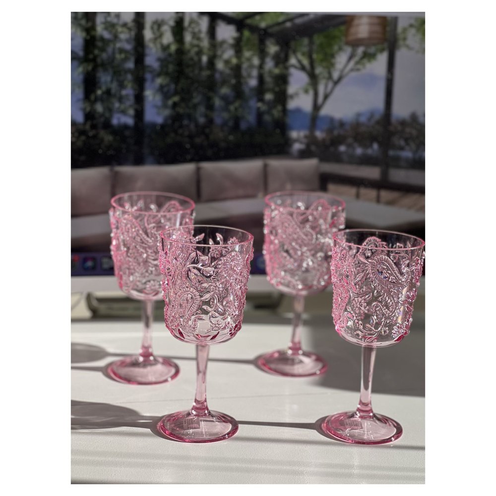 Set of Four Pink Paisley Acrylic Stemmed All Purpose Wine Glass on a white background