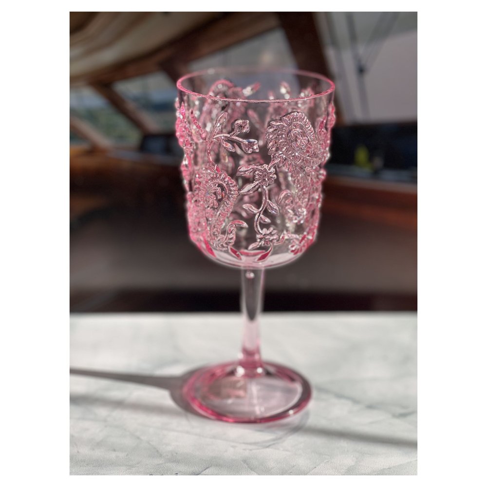 Set of Four Pink Paisley Acrylic Stemmed All Purpose Wine Glass on a white background