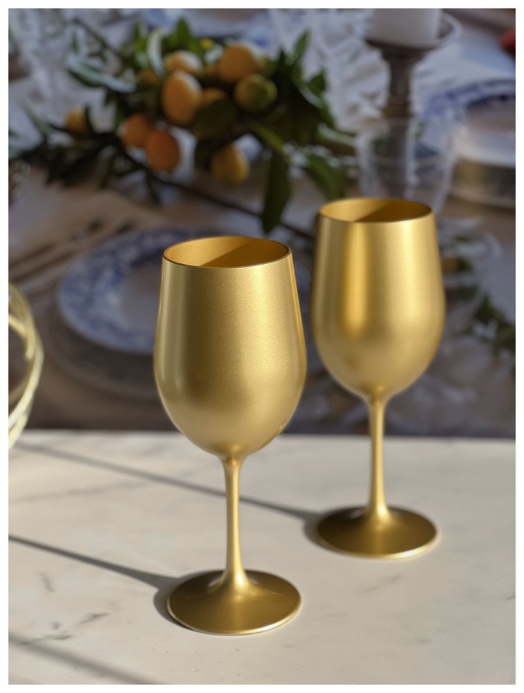 Set of Four Gold Acrylic Stemmed All Purpose Wine Glasses close-up detail