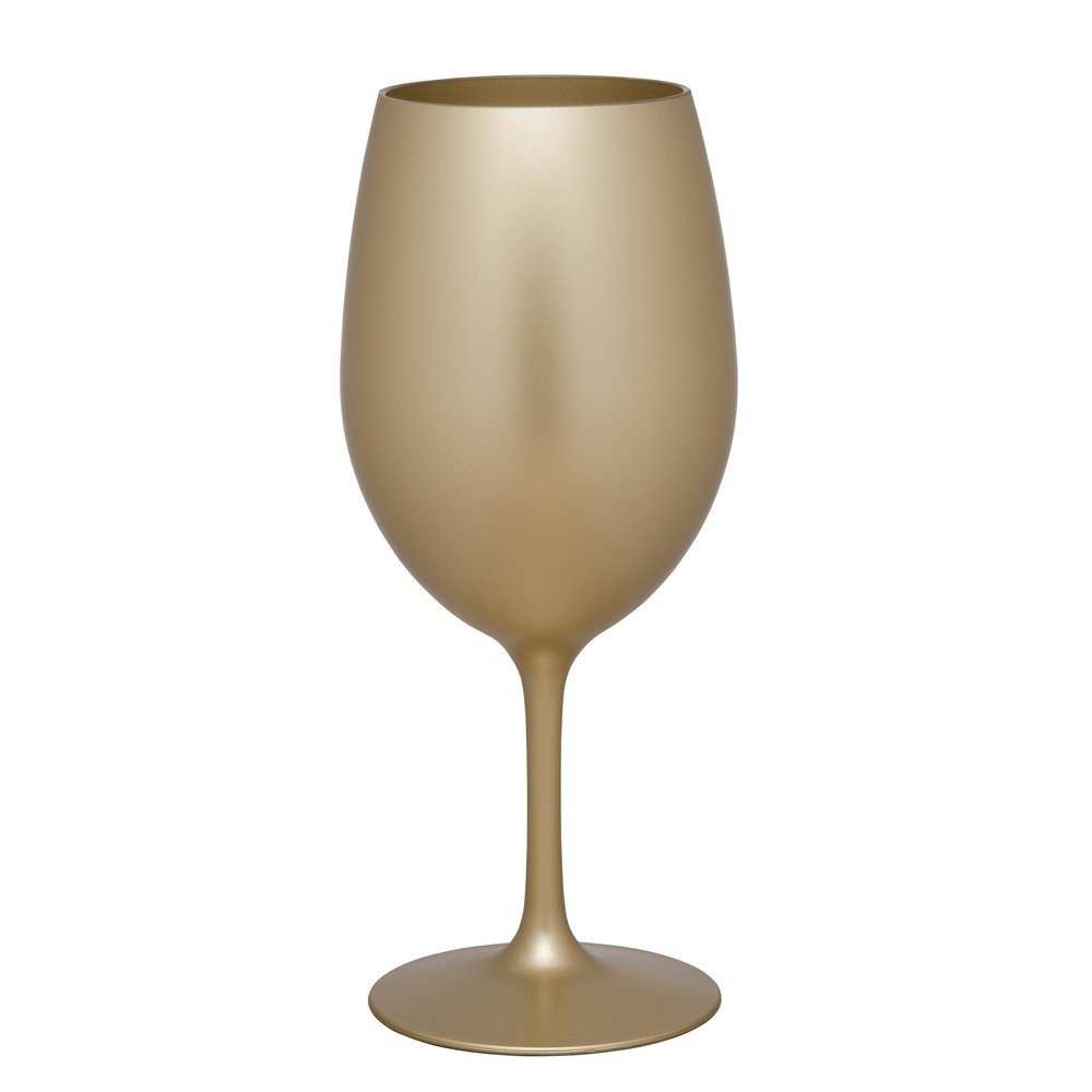 Gold acrylic stemmed wine glass on a white background.
