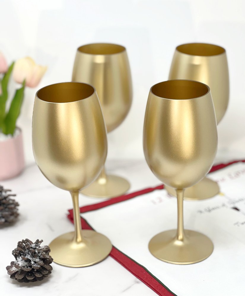 Set of Four Gold Acrylic Stemmed All Purpose Wine Glass on a white background