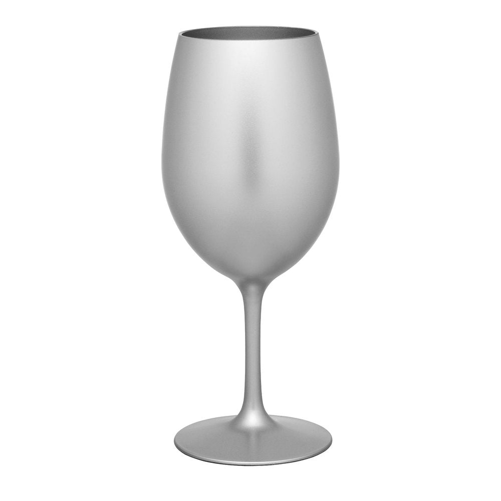 Silver acrylic stemmed wine glass on a white background.