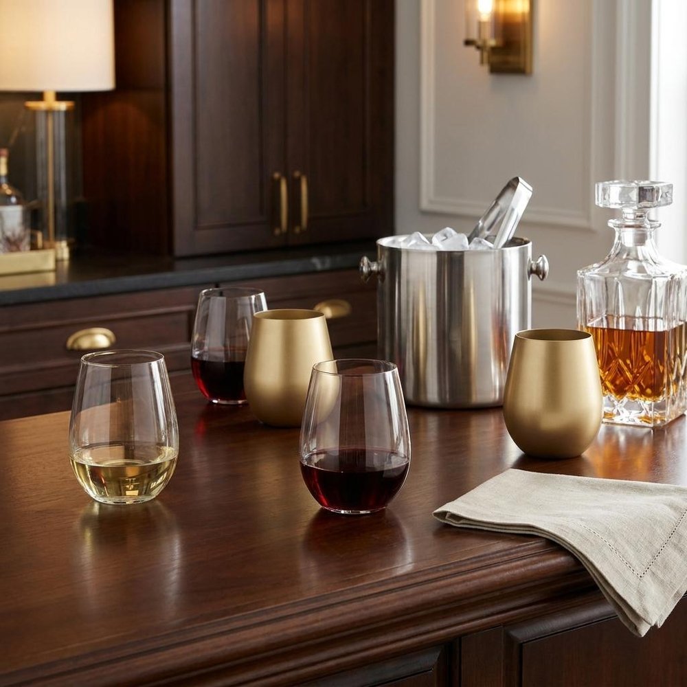 Set of Four Gold Acrylic Stemless All Purpose Wine Glass in a home interior