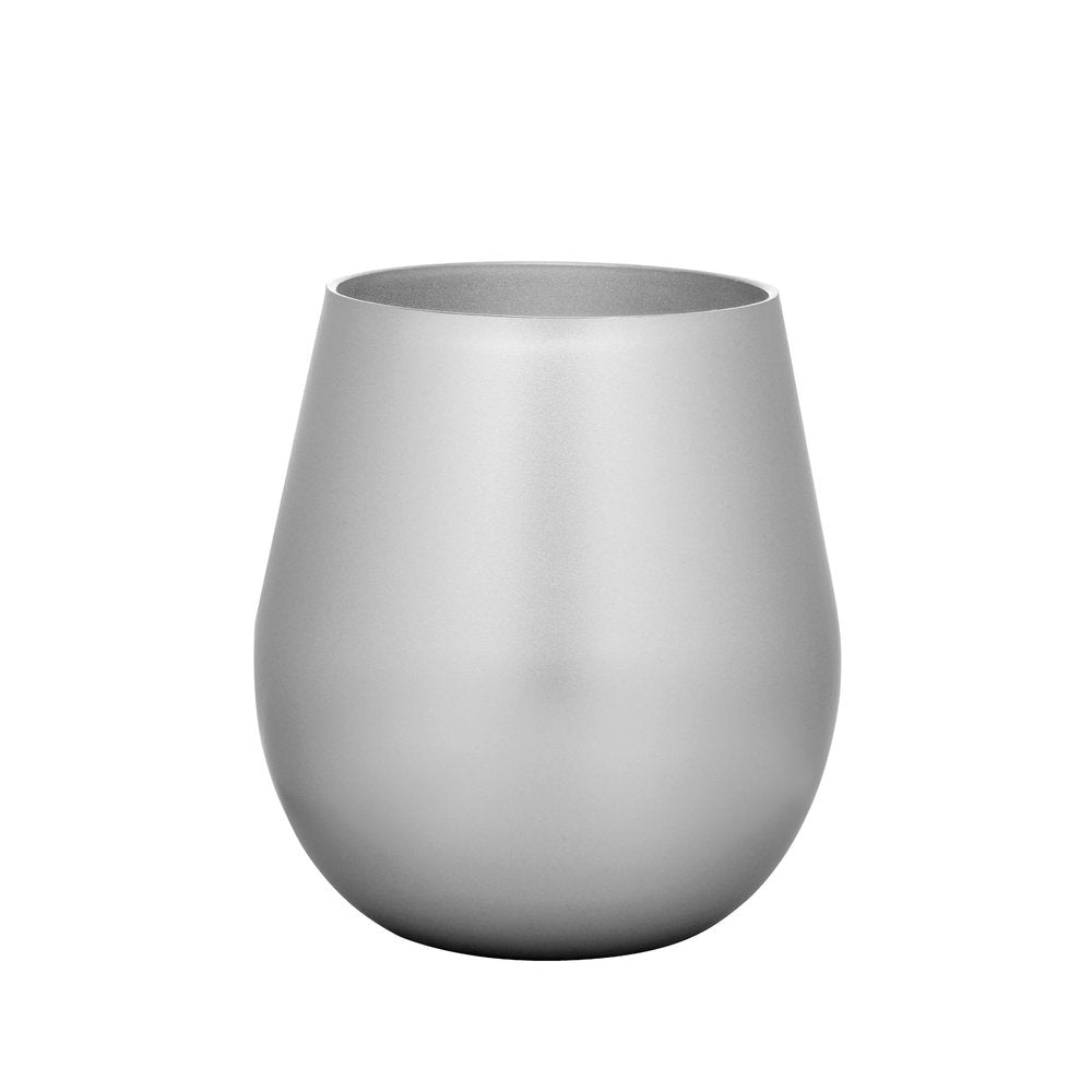 Silver acrylic stemless wine glass on a white background.