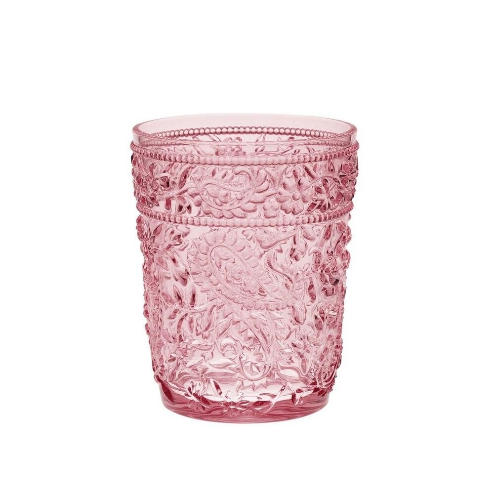 Set of Four Pink Paisley Acrylic Stemless Whiskey Glasses on a white background