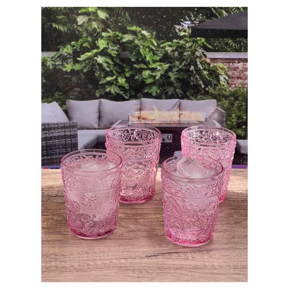 Set of Four Pink Paisley Acrylic Stemless Whiskey Glasses on a white background