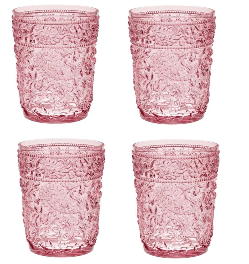 Set of Four Pink Paisley Acrylic Stemless Whiskey Glasses on a white background
