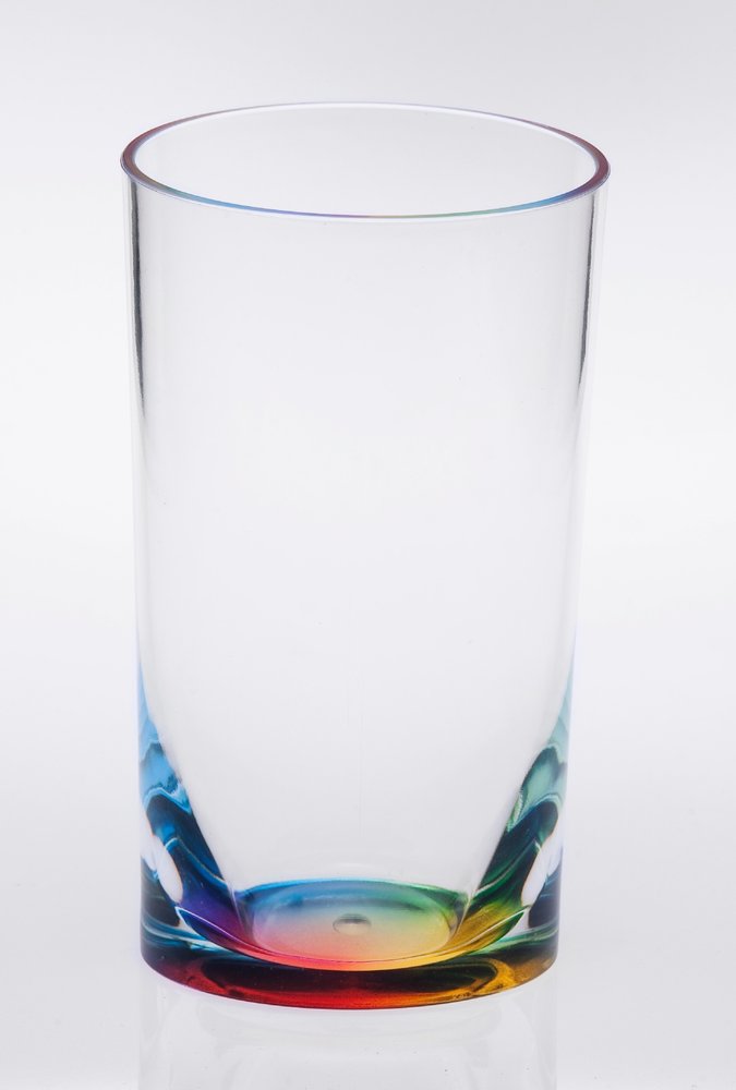 Clear acrylic highball glass with rainbow swirl design at the base and iridescent rim, on a white background.