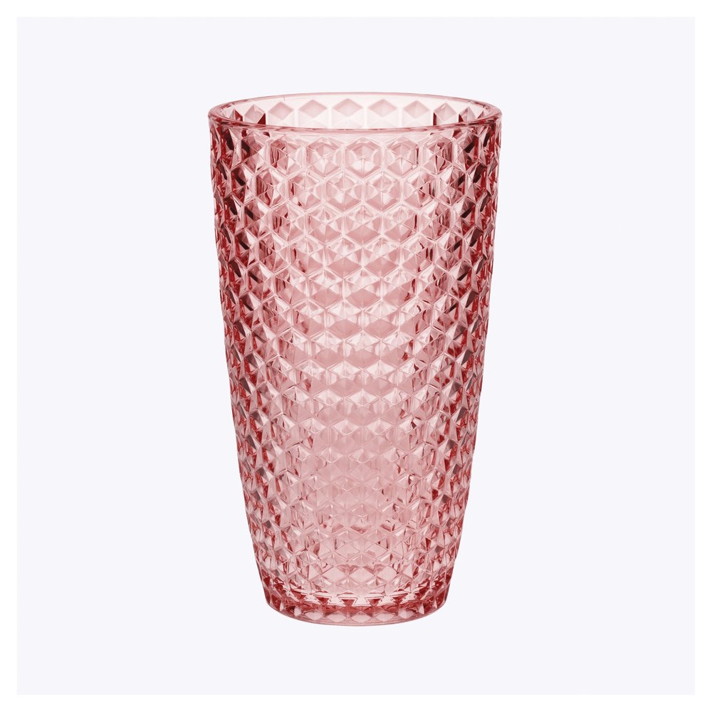 Pink textured acrylic highball glass on a white background.