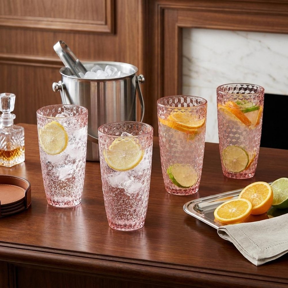 Set of Four Pink Acrylic Stemless Highball Glass - with Four Highball Glasses