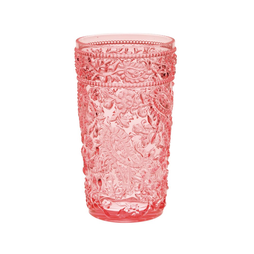 Pink acrylic highball glass with ornate floral and paisley embossed pattern on a white background.