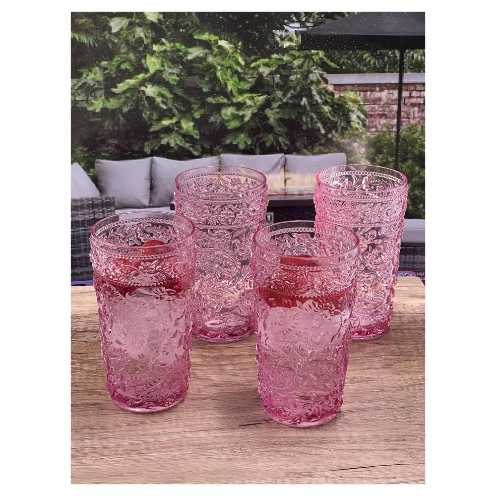 Set of Four Pink Acrylic Stemless Highball Glass - 6.00" H x 3.38" W x 3.38" D