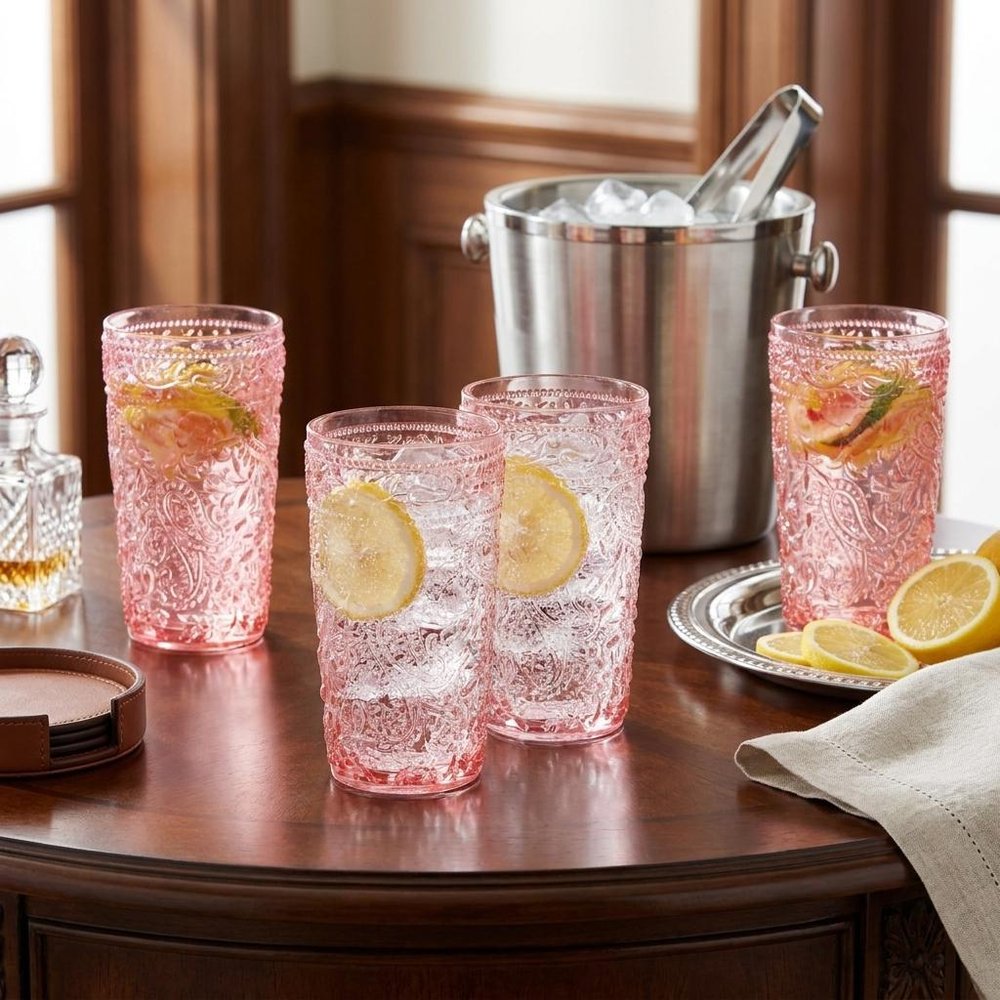Set of Four Pink Acrylic Stemless Highball Glass - 6.00" H x 3.38" W x 3.38" D