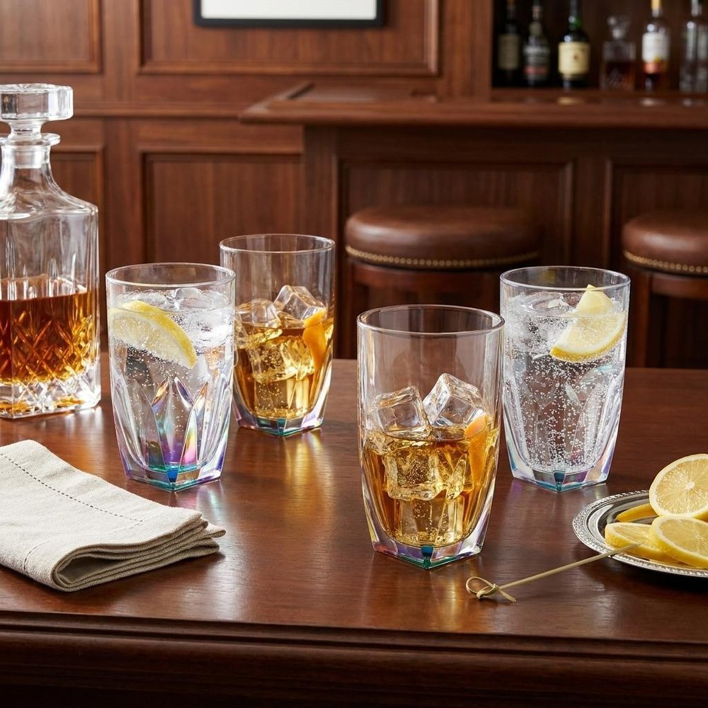 Set of Four Rainbow Acrylic Stemless Highball Glass - 5.38" H x 3.50" W x 3.50" D