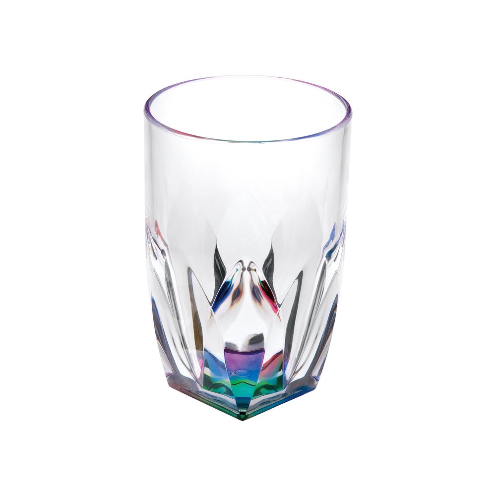 Clear acrylic highball glass with rainbow accents at the base, on a white background.