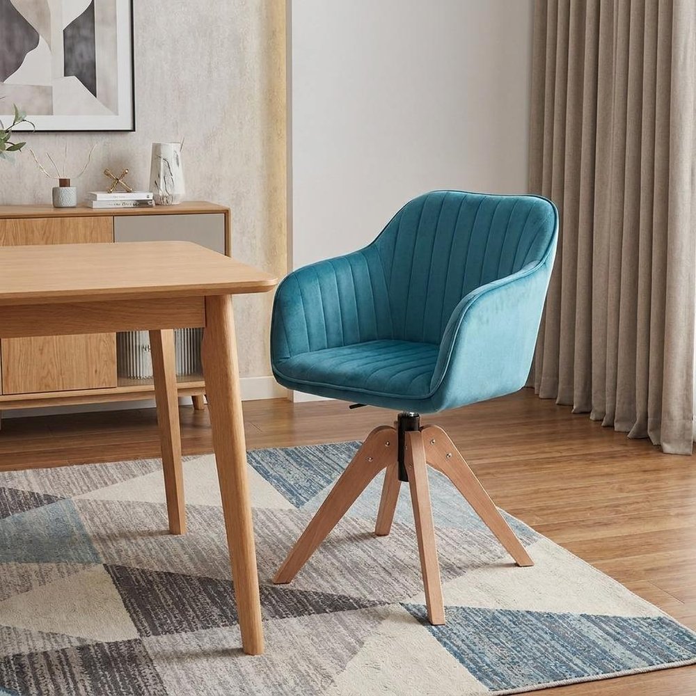 Tufted Teal Blue and Natural Upholstered Velvet Dining Arm Chair