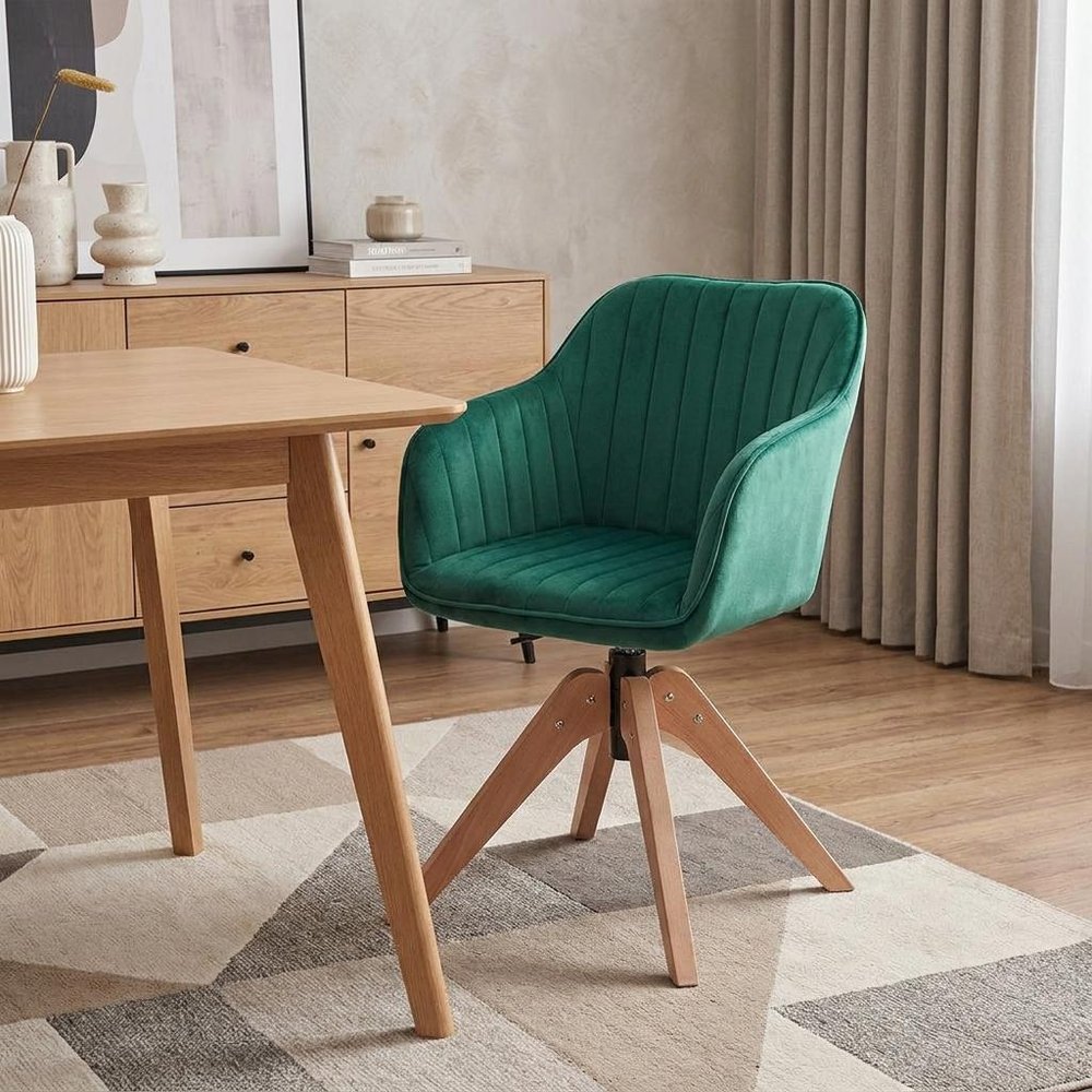 Tufted Green and Natural Upholstered Velvet Dining Arm Chair
