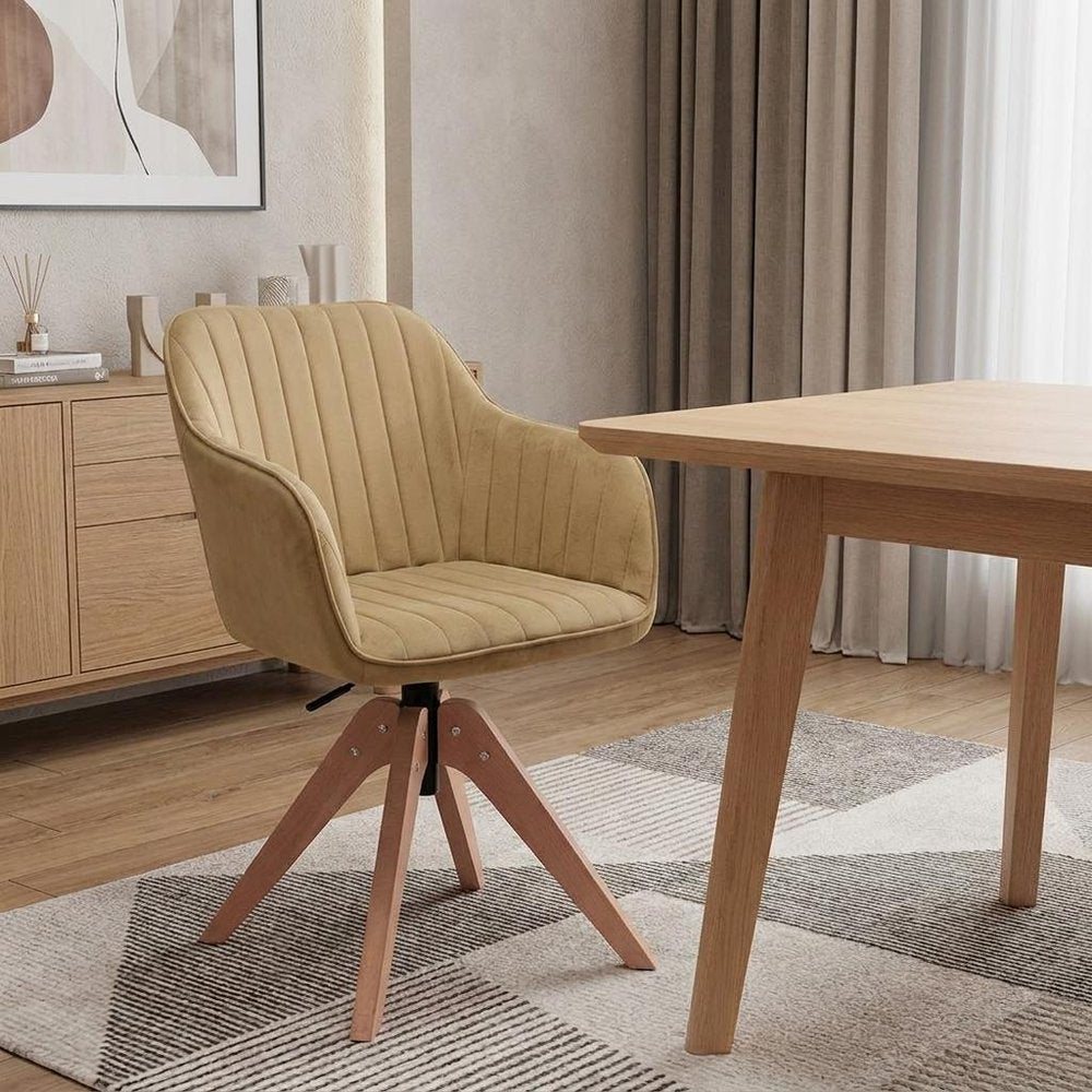 Tufted Champagne and Natural Upholstered Velvet Dining Arm Chair