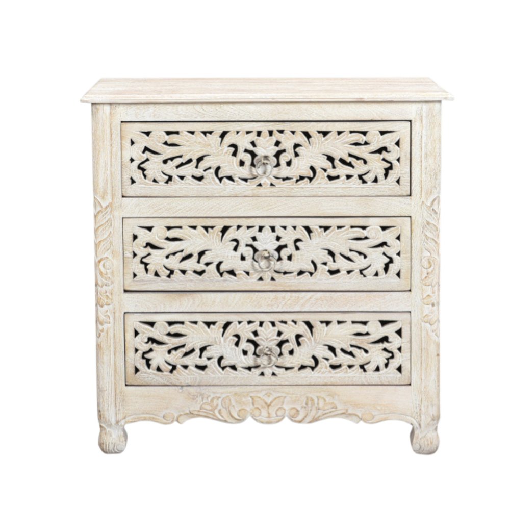 30" White Solid Wood Distressed Three Drawer Nightstand. Nightstands & bedside table isolated on a plain white background, finished in white wood.