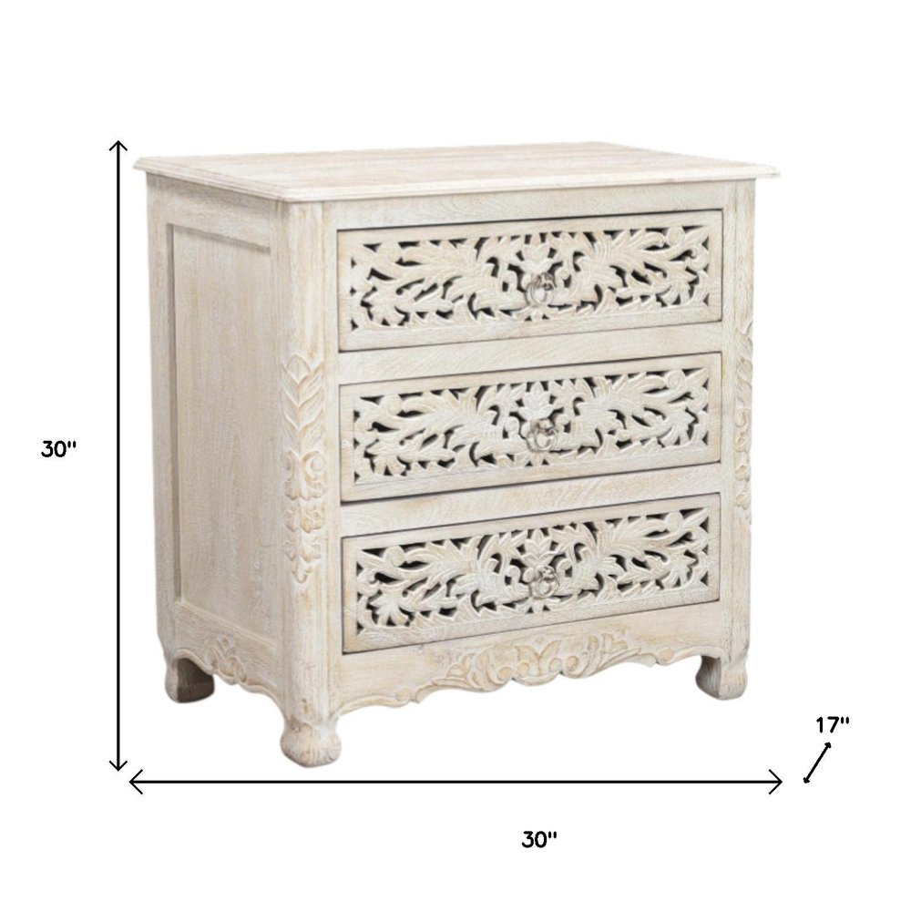 30" White Solid Wood Distressed Three Drawer Nightstand. Nightstands & bedside table isolated on a plain white background, finished in white wood.