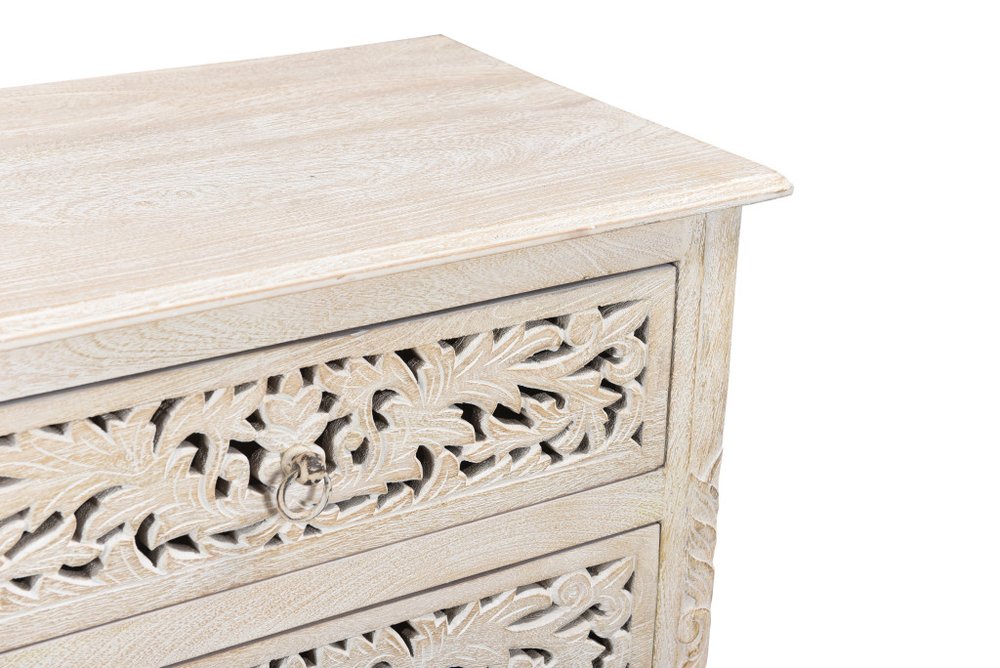 30" White Solid Wood Distressed Three Drawer Nightstand. Nightstands & bedside table isolated on a plain white background, finished in white wood.