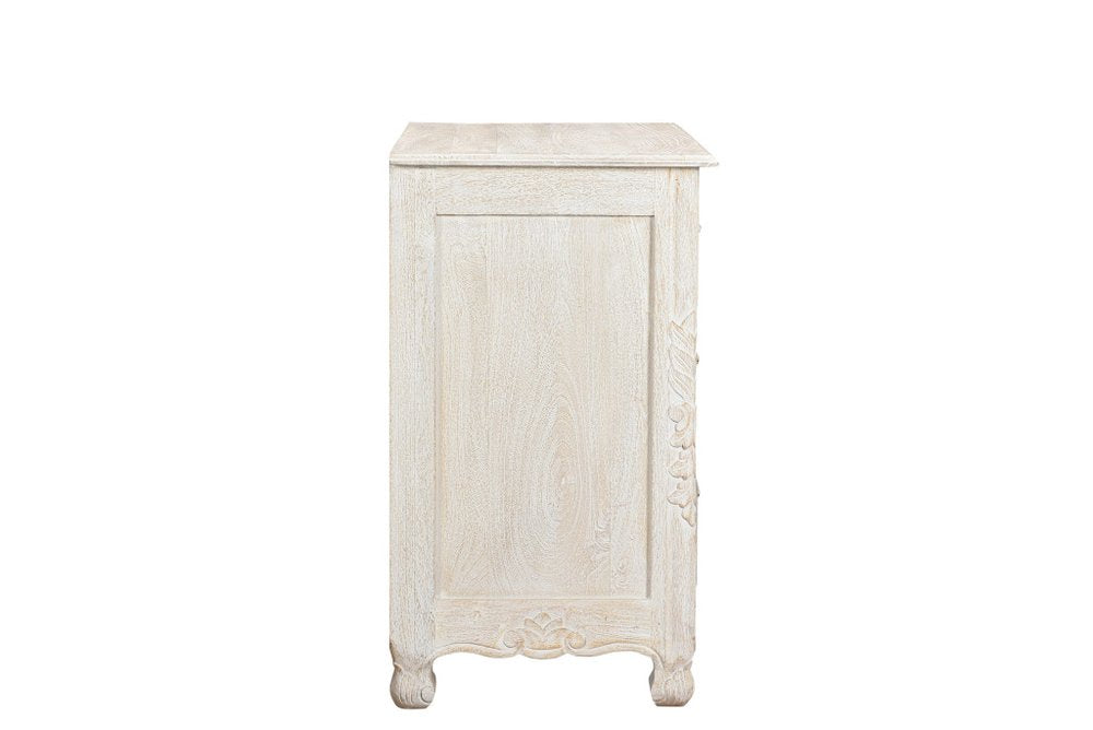 30" White Solid Wood Distressed Three Drawer Nightstand. Nightstands & bedside table isolated on a plain white background, showing a white wood surface.