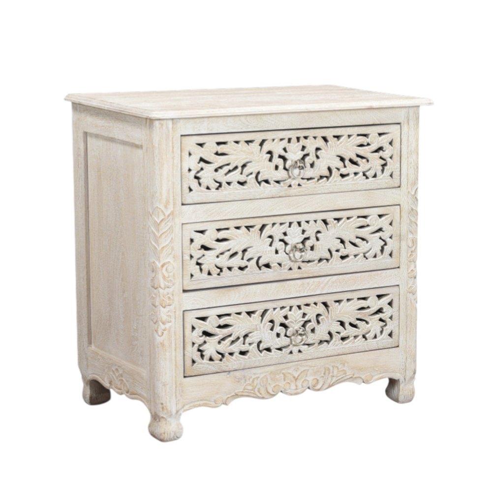 30" White Solid Wood Distressed Three Drawer Nightstand. Nightstands & bedside table isolated on a plain white background, in a white wood finish.