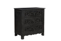 30" Black Solid Wood Distressed Three Drawer Nightstand. Nightstands & bedside table isolated on a plain white background, showing a black wood surface.