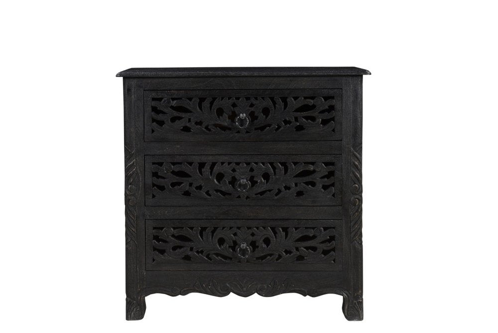 30" Black Solid Wood Distressed Three Drawer Nightstand. Nightstands & bedside table isolated on a plain white background, in a black wood finish.