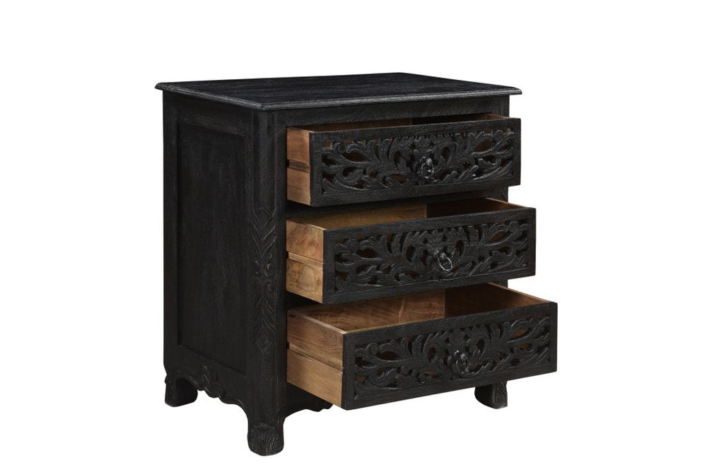 30" Black Solid Wood Distressed Three Drawer Nightstand. Nightstands & bedside table isolated on a plain white background, finished in black wood.