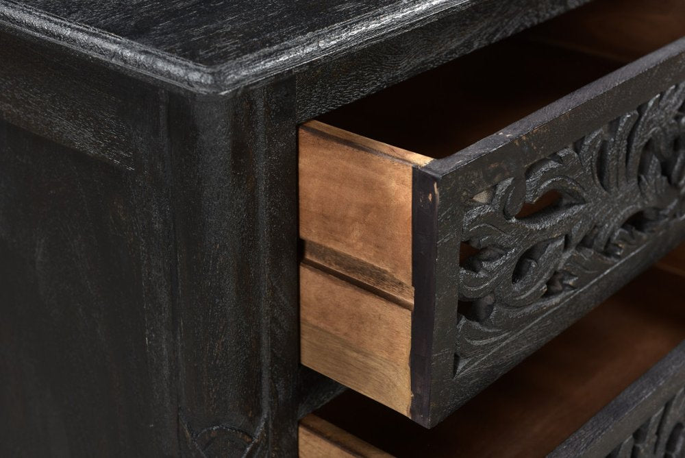 30" Black Solid Wood Distressed Three Drawer Nightstand photographed against a dark studio background in black.