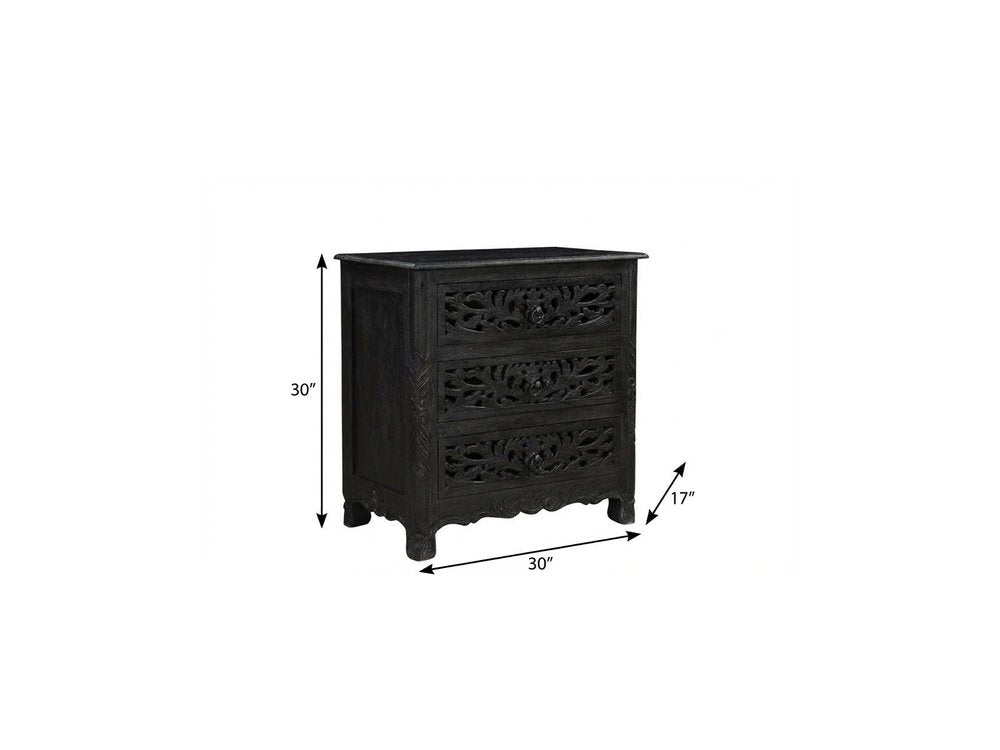 30" Black Solid Wood Distressed Three Drawer Nightstand. Nightstands & bedside table isolated on a plain white background, showing a black wood surface.