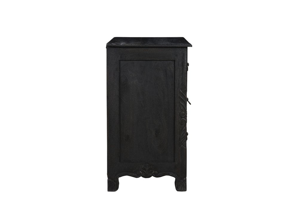30" Black Solid Wood Distressed Three Drawer Nightstand. Nightstands & bedside table isolated on a plain white background, finished in black wood.